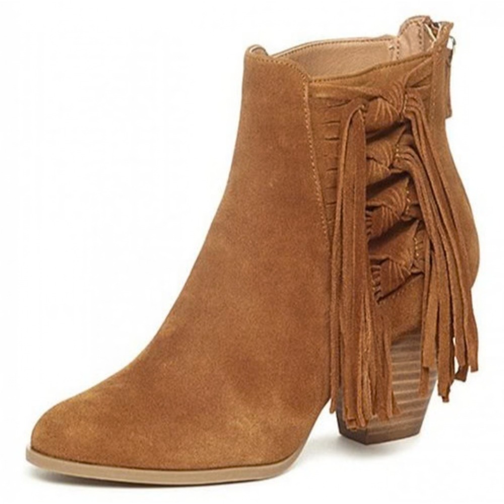 YELLOW BOX Chestnut Brown Suede ANKLE BOOTS Tassel/Knot Sides BIKENDI sz 8 M